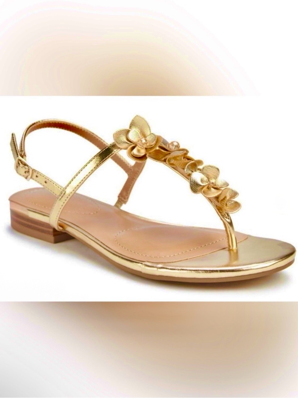 Size 10 Anne Klein iflex Flavia Gold Floral Sandals Thongs T-Strap Shoes Flowers